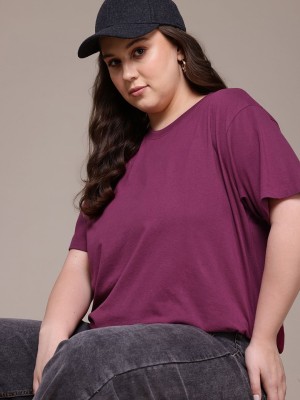 Roadster Solid Women Round Neck Purple T-Shirt