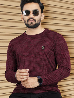 VeBNoR Abstract Men Round Neck Maroon T-Shirt