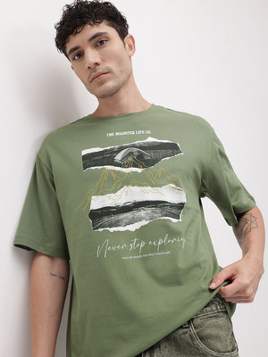Roadster Printed Men Round Neck Green T-Shirt