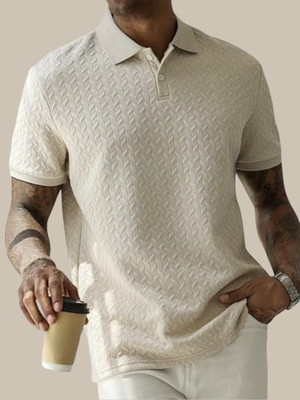 The Modern Soul Self Design Men Polo Neck Beige T-Shirt