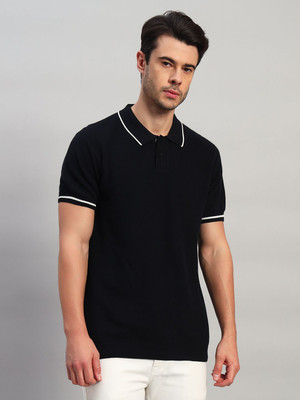 CANTABIL Solid Men Polo Neck Navy Blue T-Shirt