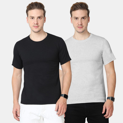 Wafaa Solid Men Round Neck Black, White T-Shirt