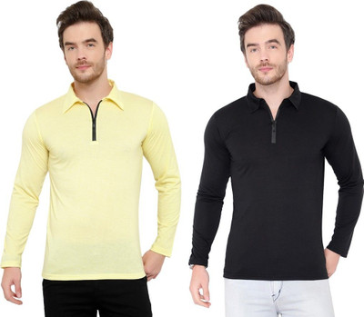 JB Jangoboy Solid Men Polo Neck Black, Yellow T-Shirt