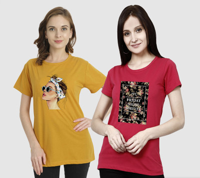 METRONAUT Printed Women Round Neck Yellow, Pink T-Shirt