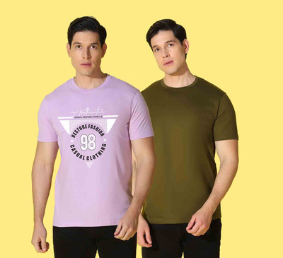 WOOSTRO Printed, Solid Men Round Neck Green, Pink T-Shirt