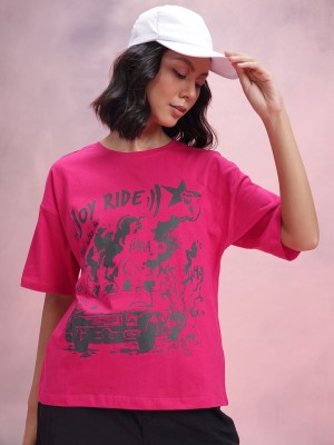 Dressberry Printed Women Round Neck Pink T-Shirt