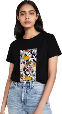Baggyrain Graphic Print Women Round Neck Black T-Shirt