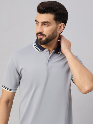 Merriment Solid Men Polo Neck Grey T-Shirt
