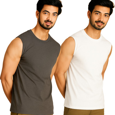 Jangoboy Solid Men Round Neck Grey, White T-Shirt