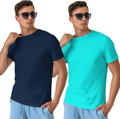 THINK Solid Men Round Neck Light Blue, Navy Blue T-Shirt