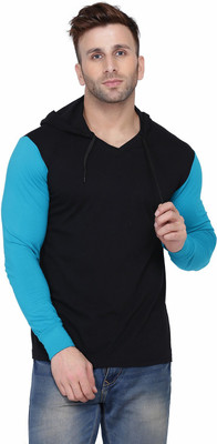 GEUM Solid Men Hooded Neck Black, Light Green T-Shirt