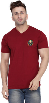 GEUM Solid Men V Neck Maroon T-Shirt