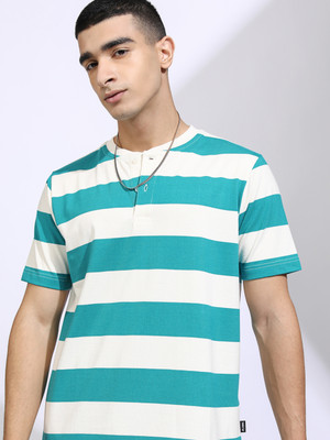 HIGHLANDER Striped Men Henley Neck White T-Shirt