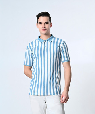 Dam Striped Men Polo Neck Light Blue, White T-Shirt