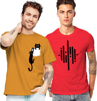 FADMARK Printed Men Round Neck Brown, Red T-Shirt