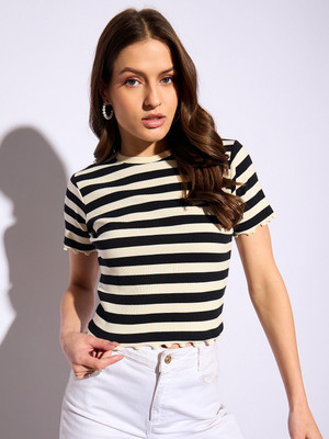 CORSICA Striped Women Round Neck Black, White T-Shirt
