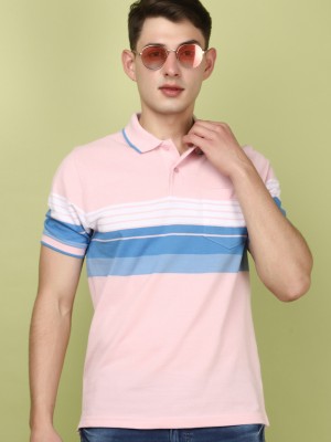 V-MART Striped Men Polo Neck Pink T-Shirt