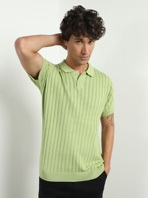 NOBERO Solid Men Polo Neck Light Green T-Shirt