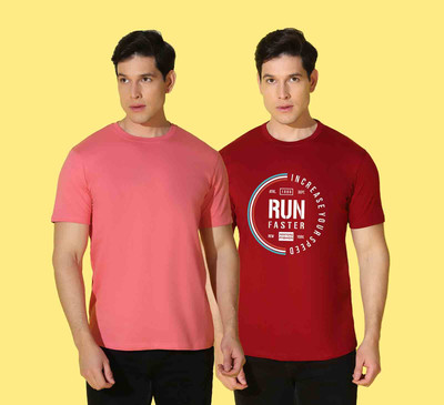 WOOSTRO Solid Men Round Neck Pink, Red T-Shirt