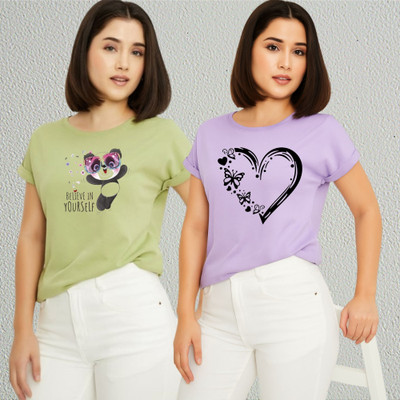 Lecowar Printed Women Round Neck Green, Purple T-Shirt