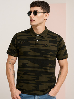 Hushbucks Printed Men Polo Neck Dark Green T-Shirt