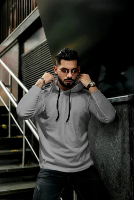 HOODLER Self Design Men Hooded Neck Grey T-Shirt