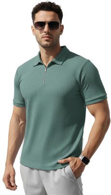 Leotude Solid Men Polo Neck Green T-Shirt