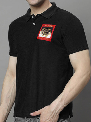 Hushbucks Solid Men Polo Neck Black T-Shirt