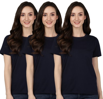 Adyavastram Solid Women Round Neck Navy Blue T-Shirt