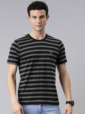 Faso Striped Men Round Neck Black, Grey T-Shirt