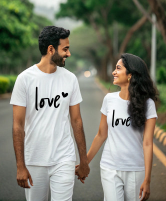 Triptee Printed Couple Round Neck White T-Shirt