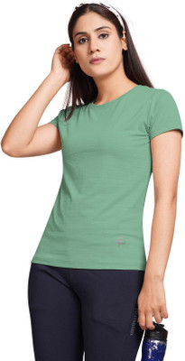 FitFlex Solid Women Round Neck Green T-Shirt