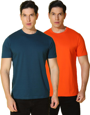 WOOSTRO Solid Men Round Neck Blue, Orange T-Shirt