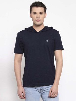 FRISKERS Solid Men Hooded Neck Dark Blue T-Shirt