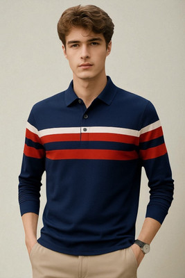 Bolderift Solid Men Polo Neck Navy Blue T-Shirt