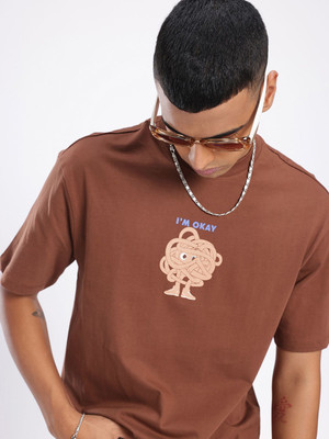 Glitchez Graphic Print Men Round Neck Brown T-Shirt