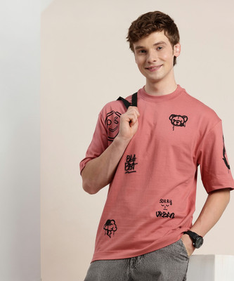 HERE&NOW Printed Men Round Neck Pink T-Shirt