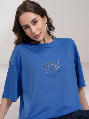 Tokyo Talkies Self Design Women Round Neck Blue T-Shirt