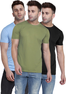 TQH Solid Men Round Neck Light Green, Light Blue, Black T-Shirt