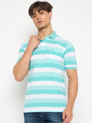 DUKE Striped Men Polo Neck Blue T-Shirt