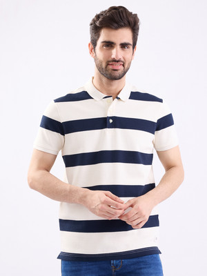 Spykar Colorblock Men Polo Neck Blue T-Shirt