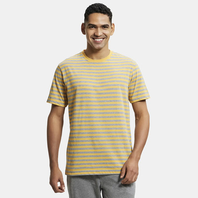 JOCKEY Striped Men Round Neck Grey, Yellow T-Shirt