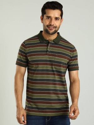 INDIAN TERRAIN Striped Men Polo Neck Green T-Shirt