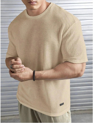 TAZO Solid Men Round Neck Beige T-Shirt