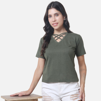 Hokum Self Design Women V Neck Green T-Shirt