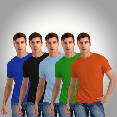 CONTENO Solid Men Round Neck Blue, Black, Light Blue, Green, Orange T-Shirt