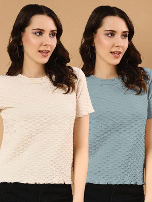 WINGS & HORNS Self Design Women Round Neck Light Green, Beige T-Shirt