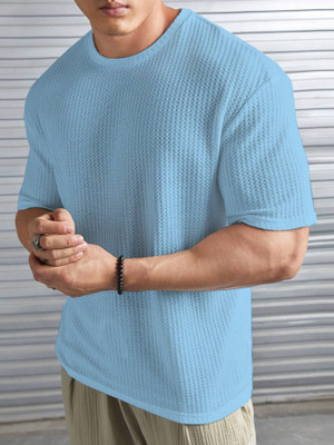 Denzolee Self Design Men Round Neck Blue T-Shirt