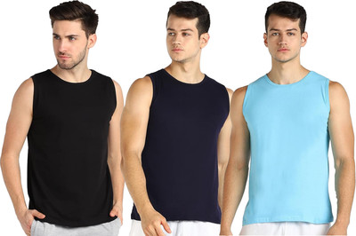 Tresna Trendy Solid Men Round Neck Black, Dark Blue, Blue T-Shirt
