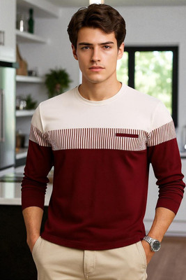 Autna Colorblock Men Round Neck Maroon T-Shirt